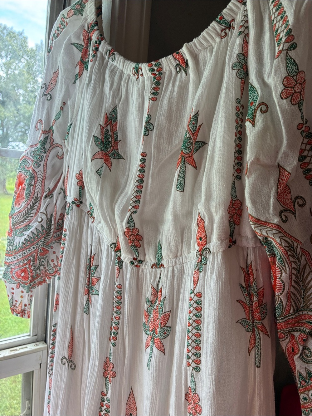 Boho Floral Peasant Dress in Cream with Coral & Sage Print Sz Large